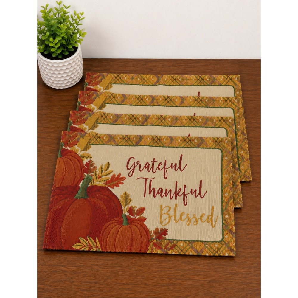 Grateful Thankful Blessed Pumpkin Tapestry Placemats Set of 4 Fall Harvest Decor